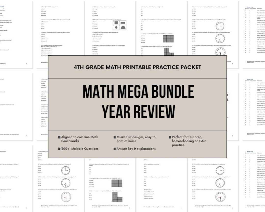4th Grade Math Review: Test Prep Worksheets (digital Download ...