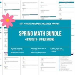 May include: A teal and white printable math bundle for 5th grade. The bundle includes 4 packets with 80 questions, aligned to common benchmarks. Features minimalist designs, easy to print at home, and answer keys. Perfect for test prep or homeschooling.