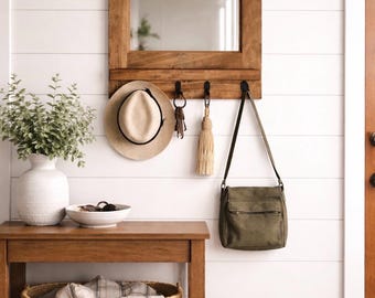 Rustic Wood Entryway Mirror with Shelf & Hooks | Farmhouse Wall Organizer