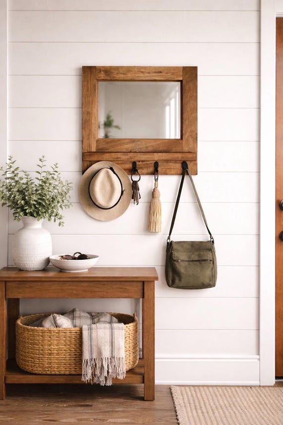 Rustic Wood Entryway Mirror with Shelf & Hooks | Farmhouse Wall Organizer