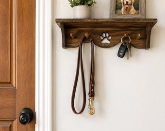 Handmade Dog Leash Holder with Shelf – Rustic Farmhouse Dog Key Rack – Wooden Paw Print Entryway Organizer – Pet Leash & Key Hook Shelf