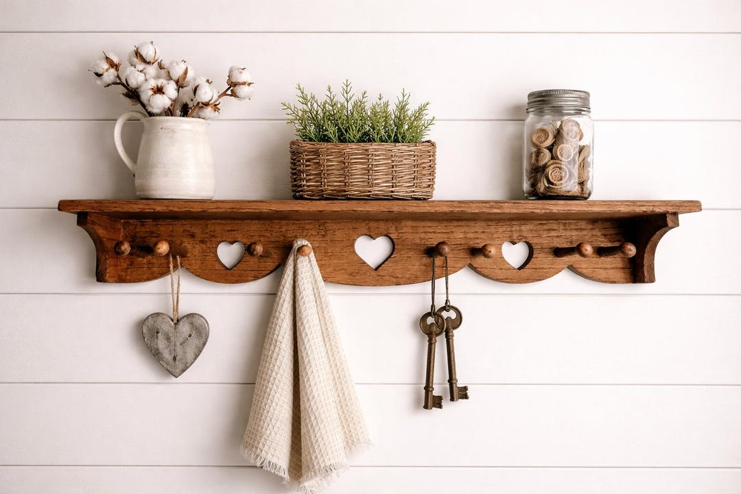 Farmhouse Wall Heart Shelf with Peg Hooks - Rustic Wooden Entryway or Mudroom Organizer, Nursery Decor, Coffee Station Decor