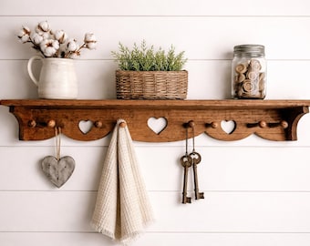 Farmhouse Wall Heart Shelf with Peg Hooks - Rustic Wooden Entryway or Mudroom Organizer, Nursery Decor, Coffee Station Decor