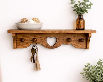 Heart Shelf with Hooks | Wooden Heart Shelf | Oak Entryway Shelf | Farmhouse Wall Decor | Nursery Decor |  Rustic Farmhouse Key Holder