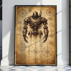 Könnte beinhalten: Gerahmter Kunstdruck im Steampunk-Stil mit einer detaillierten Illustration eines mechanischen Roboters. Das Kunstwerk ist in Sepiatönen gehalten und zeigt komplizierte Zahnräder und mechanische Komponenten. Der Hintergrund enthält blaupausenartige Diagramme.