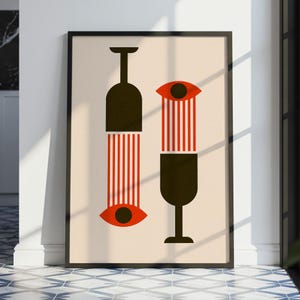 Otwierające oczy geometryczne wino – minimalistyczna czarno-czerwona elegancka kuchnia, wyrazista sztuka do pobrania w wersji cyfrowej