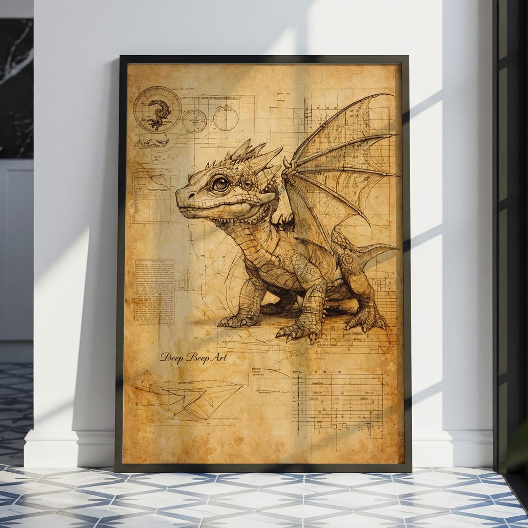 Baby Dragon Poster – Blueprint Art Print Cute Wall Decor Nursery Gift ...