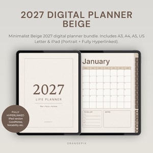 2027 Minimalistisk Beige Digital Planner Bundle | Hyperlänkad iPad, GoodNotes (A4, A5, US Letter)