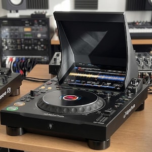 Może przedstawiać: Czarny profesjonalny odtwarzacz DJ-ski AlphaTheta CDJ-3000 z dużym centralnym pokrętłem, ekranem dotykowym o wysokiej rozdzielczości z osłoną oraz różnymi przyciskami sterującymi, suwakami i pokrętłami do obsługi dźwięku.
