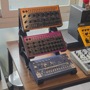 Può includere: Un supporto a più livelli con tre sintetizzatori elettronici. Il sintetizzatore superiore è arancione, quello centrale è rosa e quello inferiore è blu. Ogni sintetizzatore ha numerose manopole e pulsanti. Il supporto è nero.
