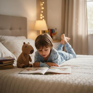 Pu&ograve; includere: Un bambino in pigiama blu legge un libro su un letto, con un giocattolo di capibara di peluche accanto a lui. Una pila di libri &egrave; vicino al giocattolo. La scena &egrave; illuminata da una calda lampada e luci a catena, creando un'atmosfera accogliente.