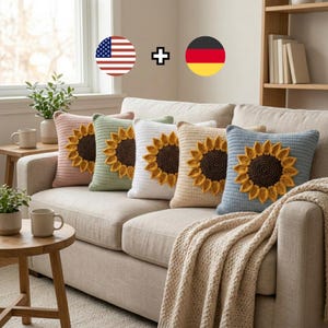Patrón de cojín de flores a crochet en PDF, patrón de funda de cojín de girasol, decoración moderna de estilo rústico, descarga instantánea, apto para principiantes