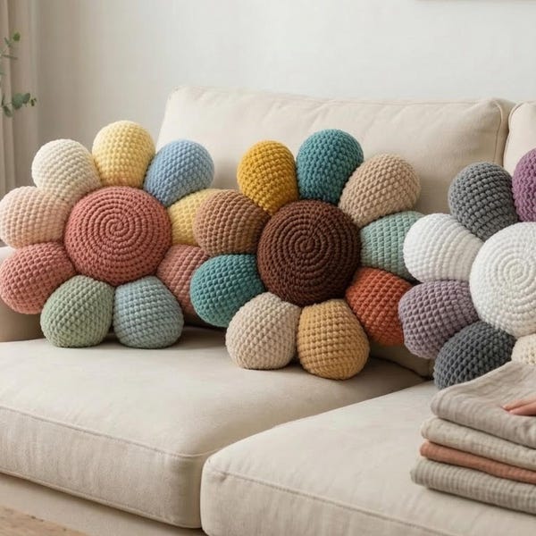 Häkelblumen-Kissen Muster PDF, Plüsch Kissen Häkelanleitung, Gänseblümchen Kissen, Amigurumi Kissen Muster, Wohndekor, DIY Geschenk Muster