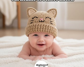 Cat Beanie Crochet Pattern PDF • Cute Kitty Hat with Ears • Bulky Ribbed Hat Tutorial • Baby, Kids & Adult Sizes • Easy Beginner Pattern