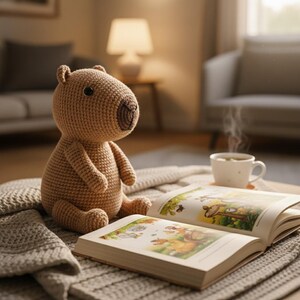 Pu&ograve; includere: Un peluche di capibara all'uncinetto &egrave; seduto accanto a un libro aperto con illustrazioni colorate. Una tazza di t&egrave; fumante &egrave; vicina su una coperta dai toni neutri. La scena evoca un'atmosfera accogliente e rilassante.