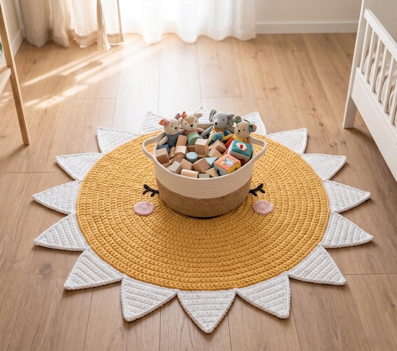 Puede incluir: Una alfombra amarilla y blanca con forma de sol y textura tejida. Una cesta tejida llena de bloques de madera y animales de peluche se encuentra en el centro. La alfombra tiene un dise&ntilde;o de cara sonriente con mejillas rosas y ojos negros.
