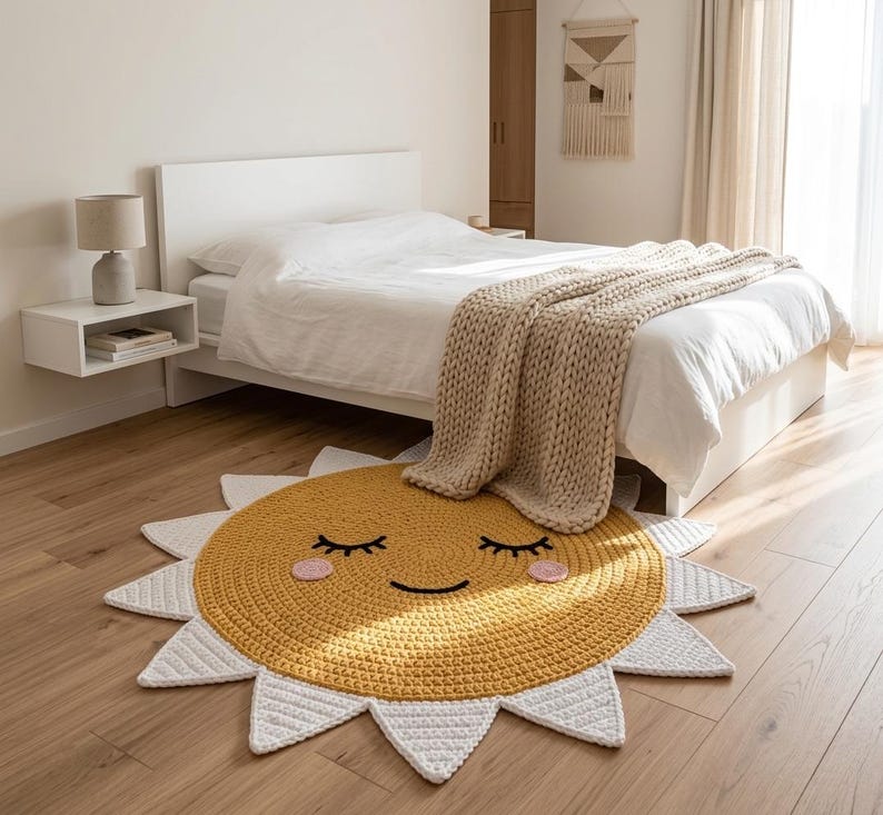 Puede incluir: Una alfombra de ganchillo amarilla y blanca con forma de sol sonriente con los ojos cerrados. La alfombra est&aacute; sobre un suelo de madera en un dormitorio, con una cama y una mesita de noche en el fondo.