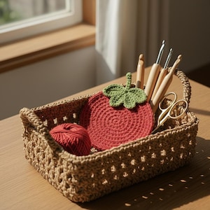 May include: A woven basket holds a red crocheted tomato-shaped item with a green leaf, a ball of red yarn, crochet hooks, and gold scissors. The basket is made of a light brown material and sits on a wooden surface.