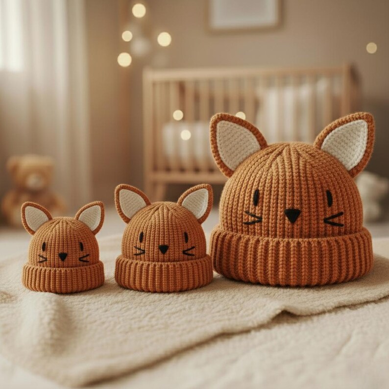 Pode incluir: Tr&ecirc;s gorros de beb&eacute; de malha em tamanhos variados, cada um com um design de rosto de raposa, orelhas pontudas e nariz e bigodes bordados a preto. Os gorros s&atilde;o de uma cor laranja quente com orelhas internas brancas.