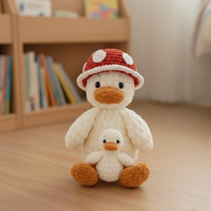 May include: A handmade, plush duck wearing a red mushroom hat with white spots. The duck has an orange beak and feet, and is accompanied by a smaller version of itself. The toys are made of soft, white yarn.