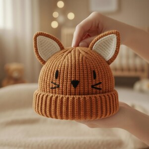 Pode incluir: Um gorro de malha laranja com orelhas de gato e um rosto bordado em preto. O chap&eacute;u tem uma aba canelada e &eacute; projetado para beb&ecirc;s ou crian&ccedil;as pequenas. As orelhas t&ecirc;m um interior creme.