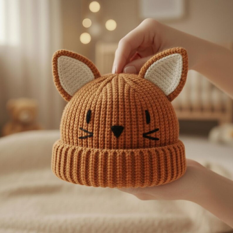 Pode incluir: Um gorro de malha laranja com orelhas de gato e um rosto bordado em preto. O chap&eacute;u tem uma aba canelada e &eacute; projetado para beb&ecirc;s ou crian&ccedil;as pequenas. As orelhas t&ecirc;m um interior creme.