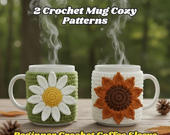 2 patrones de fundas para tazas a crochet, funda para taza de margarita y girasol (PDF), paquete de patrones fáciles de fundas florales para tazas, funda de ganchillo para principiantes