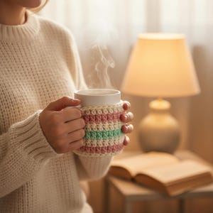 May include: A white ceramic mug with a colorful, striped crochet cozy. The cozy features pink, green, and cream stripes. Steam rises from the mug, suggesting a warm beverage. The mug is held by a person wearing a cream-colored sweater.