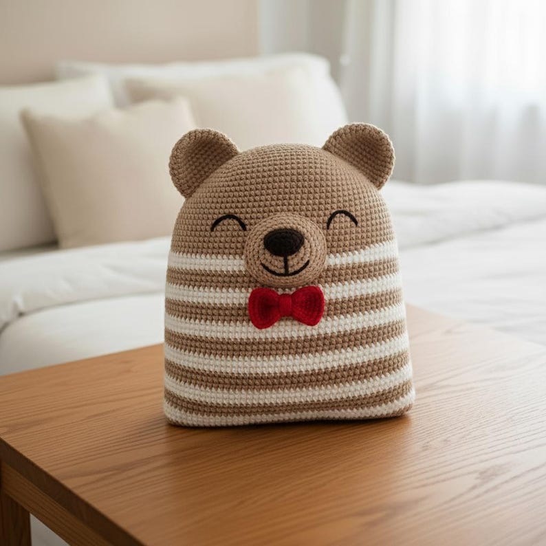 May include: A handmade crochet bear-shaped pillow with a smiling face, small ears, and a red bow tie. The bear's head is tan, and the body is tan and white striped. The pillow is sitting on a wooden table.