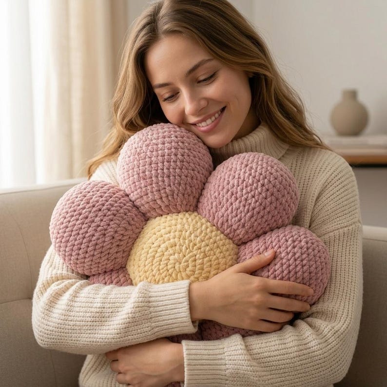May include: A large, flower-shaped pillow with a light pink petal design and a yellow center. The pillow is made of a soft, textured material and is being held by a person wearing a cream-colored sweater.