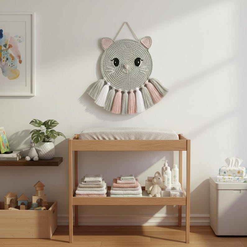 May include: A light wood changing table with a grey changing pad. A grey, pink, and white cat-shaped wall hanging is above the table. The table has a lower shelf with folded towels and baby supplies.