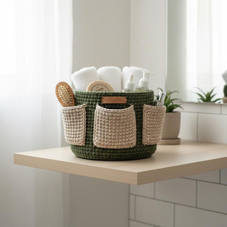 May include: A green crochet basket with three beige pockets, holding white towels, a wooden hairbrush, and toiletries. The basket sits on a light wood shelf, ideal for bathroom organization. A small leather tag is attached to the basket.