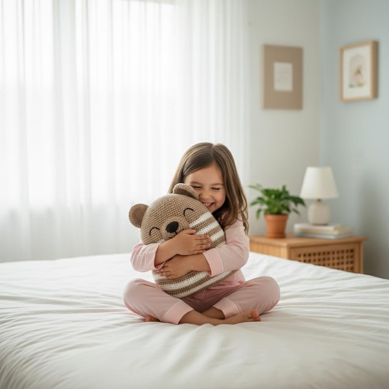 May include: A tan and white striped bear-shaped pillow is being hugged by a person wearing pink pajamas. The pillow has a smiling face and is made of a soft, textured material. The scene is set in a bedroom with a white bedspread.