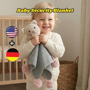 Padrão de crochê em PDF para manta de segurança de gato – Manta de segurança para bebê com cabeça de gato em amigurumi, padrão de crochê fácil para iniciantes, presente para chá de bebê * EN/DE *