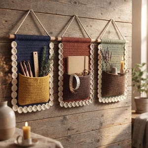 May include: Three rectangular crochet wall organisers with wooden dowels and hanging ropes. The first is navy with a yellow pocket, the second is rust with a brown pocket, and the third is sage green with a brown pocket. Each features white circular trim.