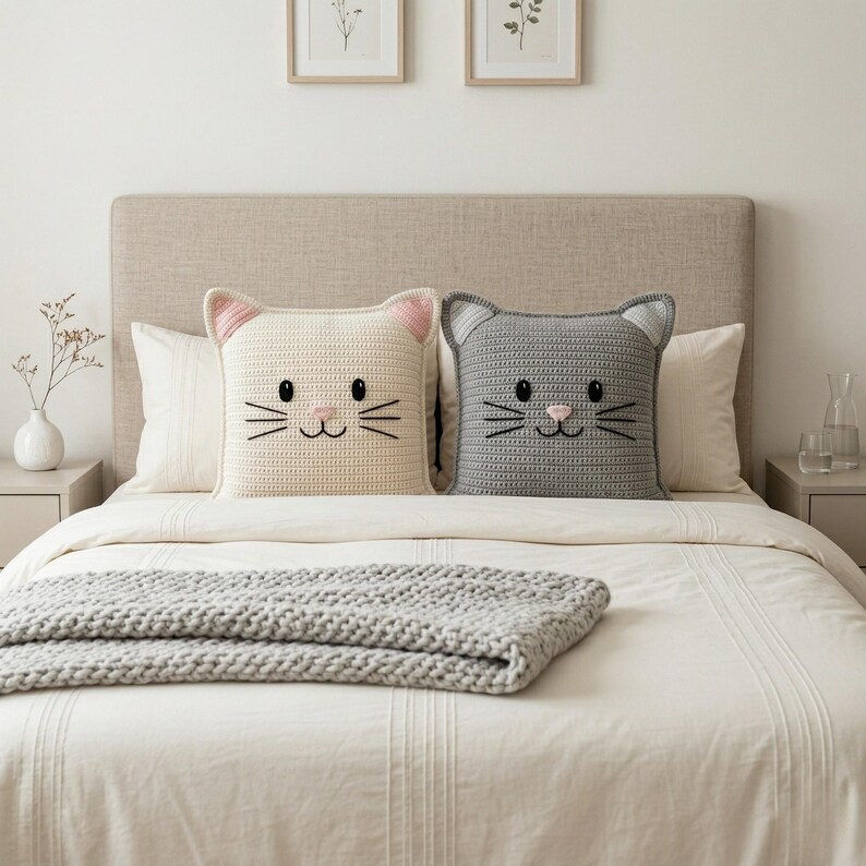 Peut inclure: Deux coussins en crochet en forme de chat, un cr&egrave;me et un gris, sont pos&eacute;s sur un lit. Les coussins pr&eacute;sentent des d&eacute;tails brod&eacute;s pour les yeux, le nez et les moustaches, avec des accents roses sur les oreilles et le nez. Une couverture grise en tricot est au pied du lit.