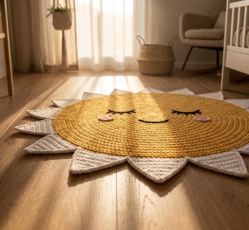 Puede incluir: Una alfombra con forma de sol tejida en crochet amarillo y blanco con una cara sonriente. La alfombra tiene un centro amarillo con pesta&ntilde;as negras y una boca sonriente. Los rayos del sol son blancos y puntiagudos. La alfombra est&aacute; sobre un suelo de madera.