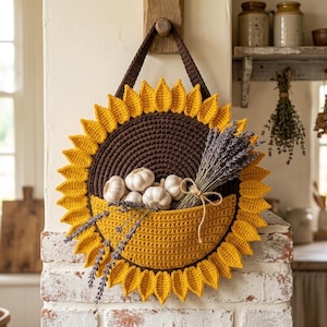 May include: A round, crocheted sunflower wall hanging featuring a dark brown center and bright yellow petals. A yellow semi-circular pocket is attached to the front, holding several white garlic bulbs and a bundle of dried purple lavender tied with twine.