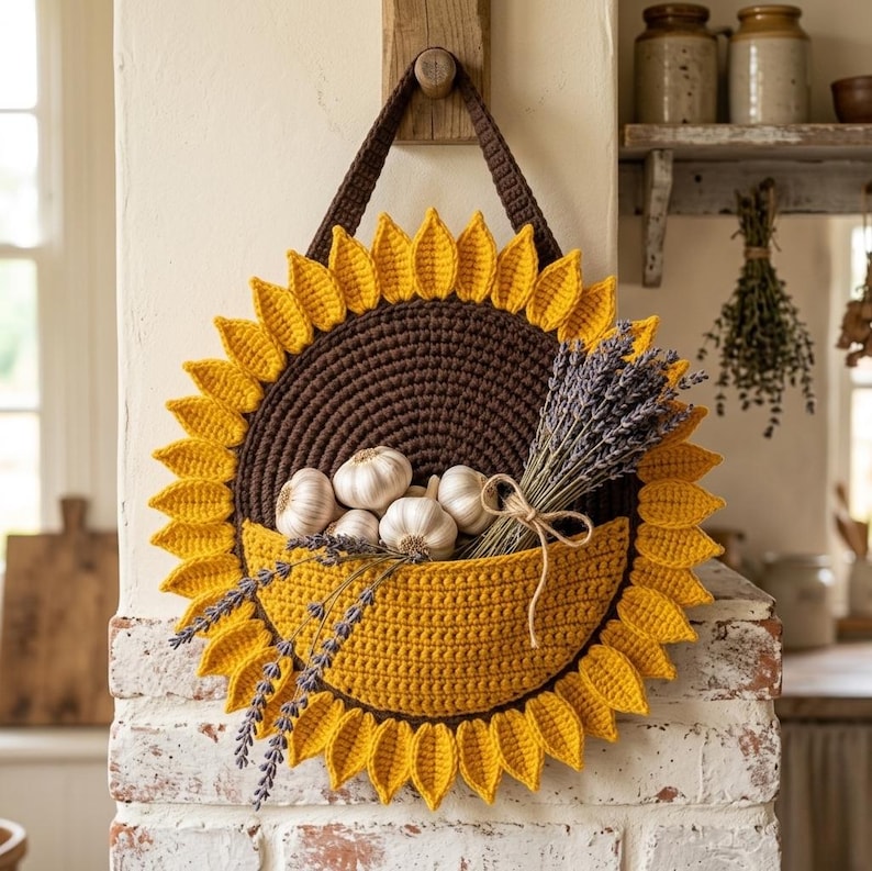 May include: A round, crocheted sunflower wall hanging featuring a dark brown center and bright yellow petals. A yellow semi-circular pocket is attached to the front, holding several white garlic bulbs and a bundle of dried purple lavender tied with twine.