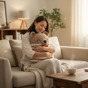 May include: A crocheted bear-shaped pillow in shades of tan and white, with a smiling face and a small red bow. The pillow is being embraced by a person sitting on a beige sofa in a cozy living room setting.