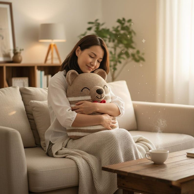 May include: A crocheted bear-shaped pillow in shades of tan and white, with a smiling face and a small red bow. The pillow is being embraced by a person sitting on a beige sofa in a cozy living room setting.