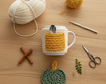 May include: A white mug with a crocheted cozy and a spoon, a green pumpkin coaster, yarn, cinnamon sticks, and scissors on a wooden surface. The cozy has a yellow pocket. A crochet hook and a ball of yellow yarn are also present.