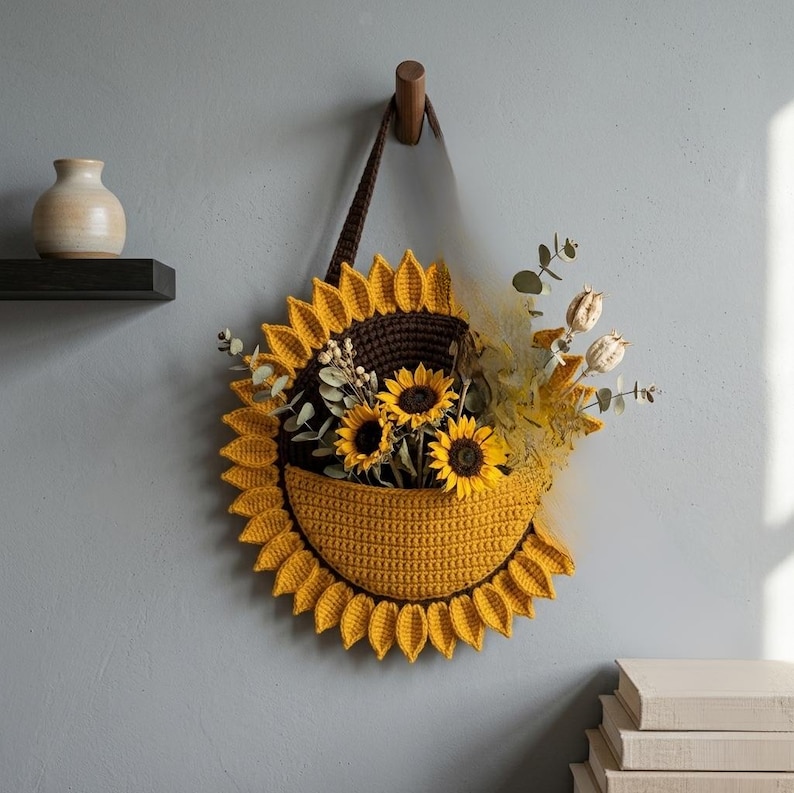 Sunflower Wall Organizer Crochet Pattern PDF, Hanging Storage Pocket, Boho Home Decor, Nursery Organizer, Crochet Gift, Easy DIY Pattern image 12