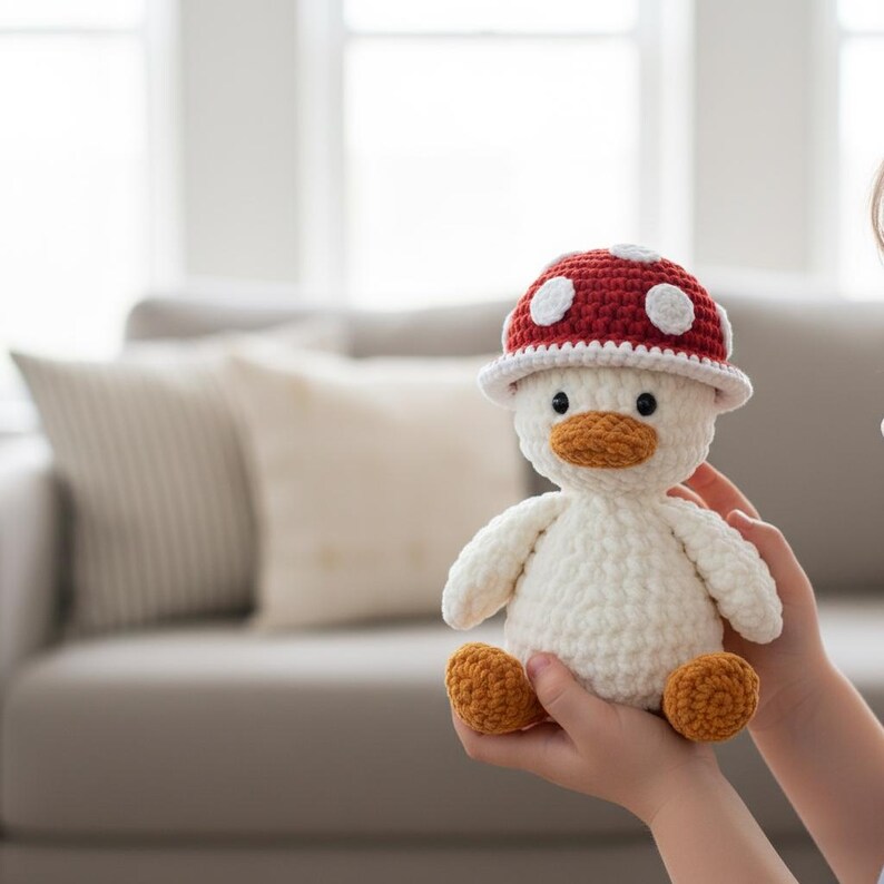 May include: A handmade white crochet duck wearing a red mushroom hat with white polka dots. The duck has an orange beak and feet. The plush toy is held in a person's hands, with a blurred background of a couch and pillows.