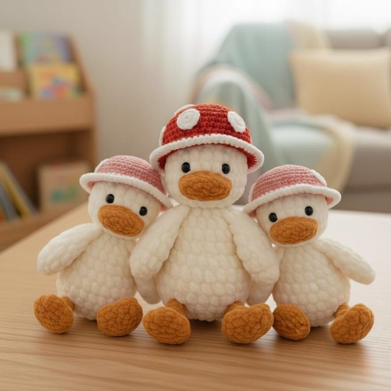 May include: Three handmade crochet duck toys. The ducks are white with orange beaks and feet. Two ducks wear pink hats, and one wears a red mushroom-shaped hat with white spots. They are sitting on a wooden surface.