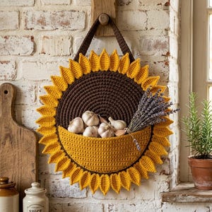 May include: A round, crocheted wall hanging shaped like a sunflower with a dark brown center and bright yellow petals. It features a built-in pocket containing several white garlic bulbs and a bundle of dried purple lavender stems for storage.