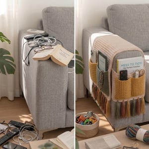 K&ouml;nnte beinhalten: Vorher-Nachher-Bild eines Sofas. Vorher: Unordnung mit Fernbedienungen, Brille und B&uuml;chern. Nachher: ein geh&auml;kelter Sofa-Arm-Organizer in Beige, Gr&uuml;n und Gelb mit Taschen f&uuml;r Gegenst&auml;nde. Der Text lautet "MESS TO TIDY The Perfect Solution."