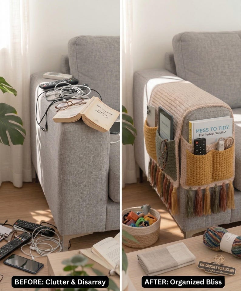 K&ouml;nnte beinhalten: Vorher-Nachher-Bild eines Sofas. Vorher: Unordnung mit Fernbedienungen, Brille und B&uuml;chern. Nachher: ein geh&auml;kelter Sofa-Arm-Organizer in Beige, Gr&uuml;n und Gelb mit Taschen f&uuml;r Gegenst&auml;nde. Der Text lautet "MESS TO TIDY The Perfect Solution."