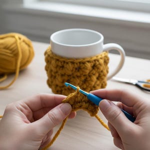 May include: A white ceramic mug with a mustard yellow crocheted cozy. A ball of mustard yellow yarn and a crochet hook are also visible. The hook is in use, with a small piece of crocheted fabric in progress. Scissors are in the background.