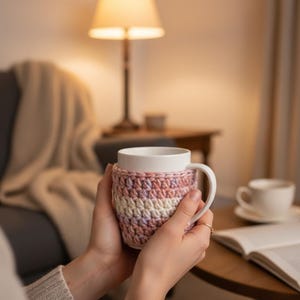 May include: A white ceramic mug with a crocheted cozy in shades of pink, cream, and lavender. The mug is held in both hands. The cozy adds a decorative and functional element to the mug.